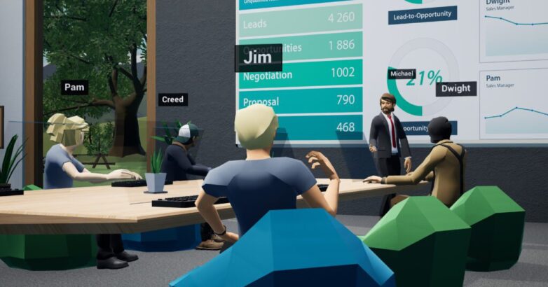 People as avatars having a business meeting in a virtual metaverse VR office