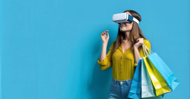 Young woman with shopping bags using virtual reality headset on blue background.