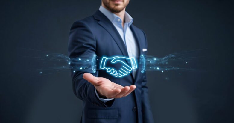 Close-up of businessman presenting digital handshake with glowing blue light trails deal agreement