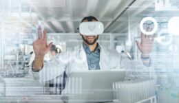 Virtual reality, ui and scientist man in metaverse for research with information technology on futuristic 3d screen in science lab. Future, innovation and researcher in vr headset with medical ai