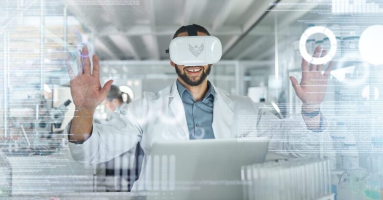 Virtual reality, ui and scientist man in metaverse for research with information technology on futuristic 3d screen in science lab. Future, innovation and researcher in vr headset with medical ai
