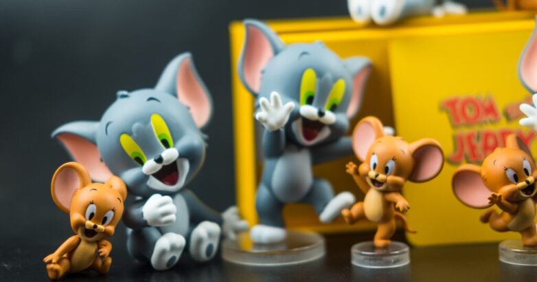 Samut Prakan, Thailand - June 5, 2021 : Cute figurine of new limited edition blind box, Tom and Jerry sall in Thailand at Miniso shop.
