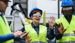 Industrial metaverse in manufacturing with AR, VR, and digital twin technology transforming factory automation and smart industry operations.
