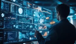 Man interacting with a large monitor displaying graphs and data analysis visualizations