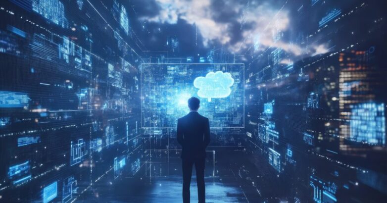 Business leader using a virtual screen with AI, cloud computing, and data network elements.