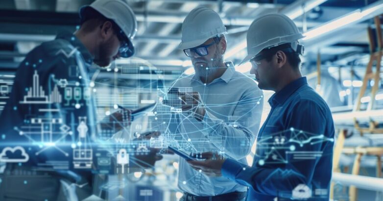 Engineer and architect analyze project under construction with new technology and innovation on digital tablet and network of construction icons on futuristic virtual interface.