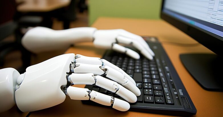 Robotic Efficiency - A Robot Typing Away on a Computer with Precision.