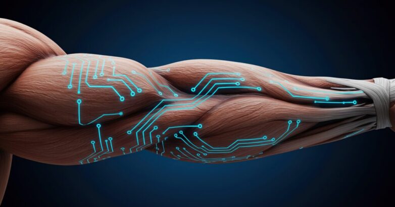 Bio-Digital Fusion: Luminous Circuit Pathways on Anatomical Arm Muscles