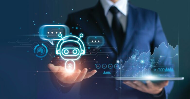 .Businessman holding digital chatbot are assistant conversation for provide access to data growth of business in online network, Robot application and global connection, AI, Artificial intelligence.