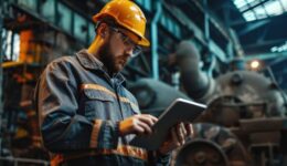 Engineer in Glasses using Tablet PC in Foundry Industrial Environment. Copy space image. Place for adding text