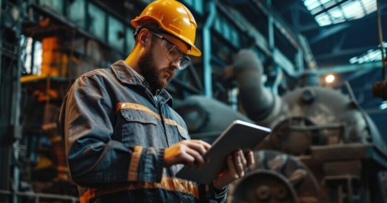 Engineer in Glasses using Tablet PC in Foundry Industrial Environment. Copy space image. Place for adding text