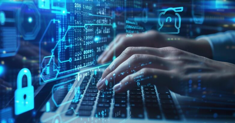 Hands Typing on Laptop with Futuristic Digital Interface and Cybersecurity Icons