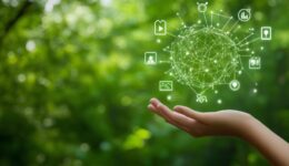 Technology, holding hands with environmental Icons via Network connection on green background