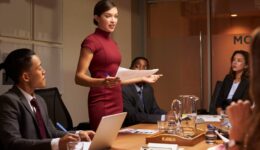 Business professional presenting tech solutions to C-suite