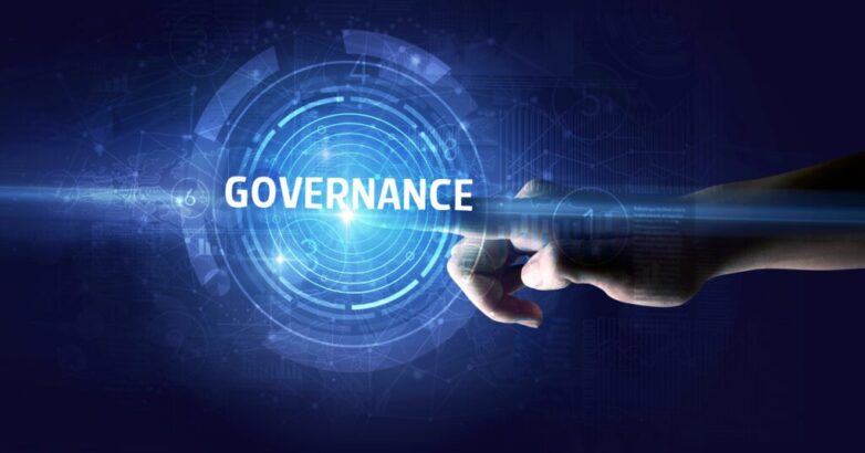Hand touching GOVERNANCE button, modern business technology concept Hand touching GOVERNANCE button, modern business technology concept