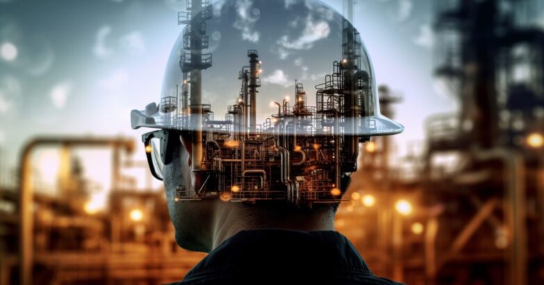 Double exposure of engineer in safety helmet with oil plant. Generative AI
