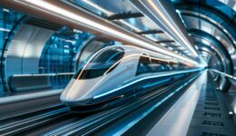 Futuristic hyperloop station in urban environment. Sleek hyperloop train in a futuristic station, representing cutting-edge transportation technology in a modern urban environment.