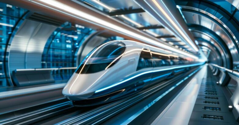 Futuristic hyperloop station in urban environment. Sleek hyperloop train in a futuristic station, representing cutting-edge transportation technology in a modern urban environment.