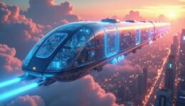 Futuristic train gliding through vibrant clouds above a sprawling neon city at sunset