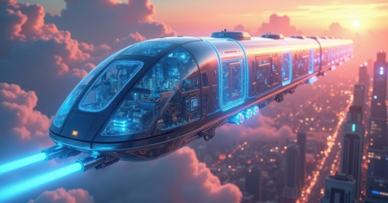 Futuristic train gliding through vibrant clouds above a sprawling neon city at sunset Futuristic train gliding through vibrant clouds above a sprawling neon city at sunset