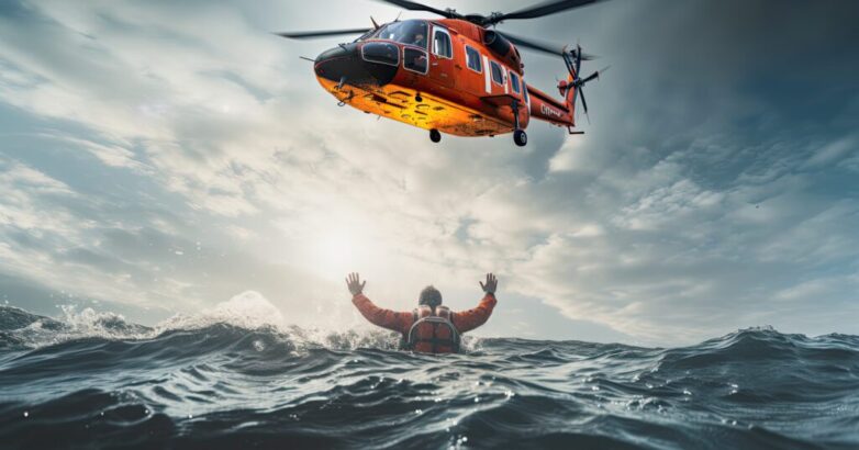 Rescue helicopter rescues a shipwrecked man in a stormy sea, ai generative Rescue helicopter rescues a shipwrecked man in a stormy sea, ai generative