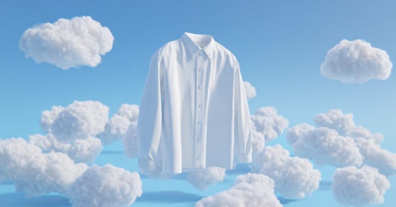 A white dress shirt floats among fluffy clouds in a bright blue sky, creating a dreamy and surreal atmosphere