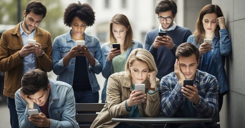 Diverse group engrossed in mobile devices