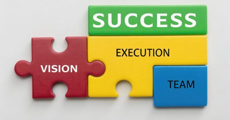 startup success execution competition goals concept. Puzzle pieces representing success, vision, execution, and teamwork. startup success execution competition goals concept. Puzzle pieces representing success, vision, execution, and teamwork.