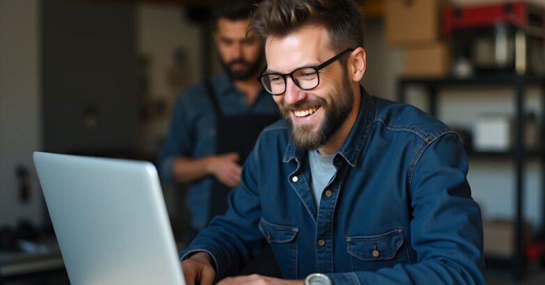 repairman works laptop garage happy smile face repairman works laptop garage happy smile face
