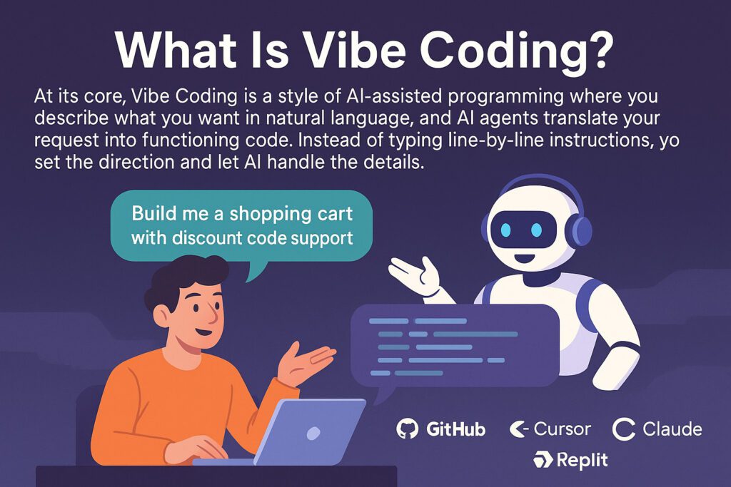 Visual showing AI-assisted coding accelerating software creation using prompt engineering and no-code AI development