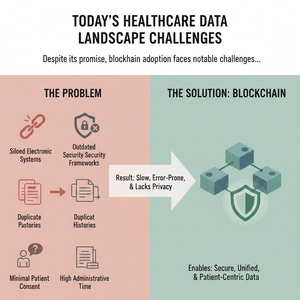 blockchain in healthcare data sharing, showing siloed systems, outdated security, and limited patient control in current healthcare data flow.