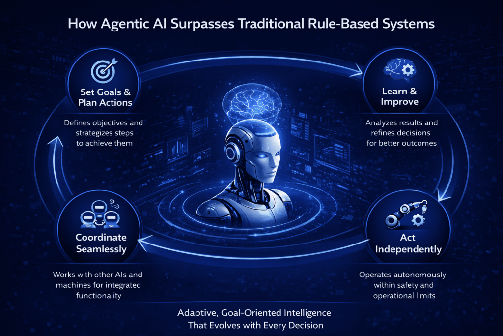 Conceptual illustration of agentic AI in manufacturing surpassing traditional rule-based systems through autonomous decision-making, learning, coordination, and self-optimizing manufacturing systems.
