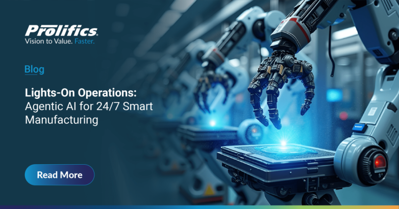 Lights-on manufacturing enabled by agentic AI in manufacturing, showcasing autonomous robots powering 247 smart manufacturing operations in a modern factory environment.