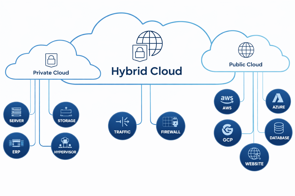 AI in hybrid cloud architecture connecting private cloud, public cloud, and enterprise workloads