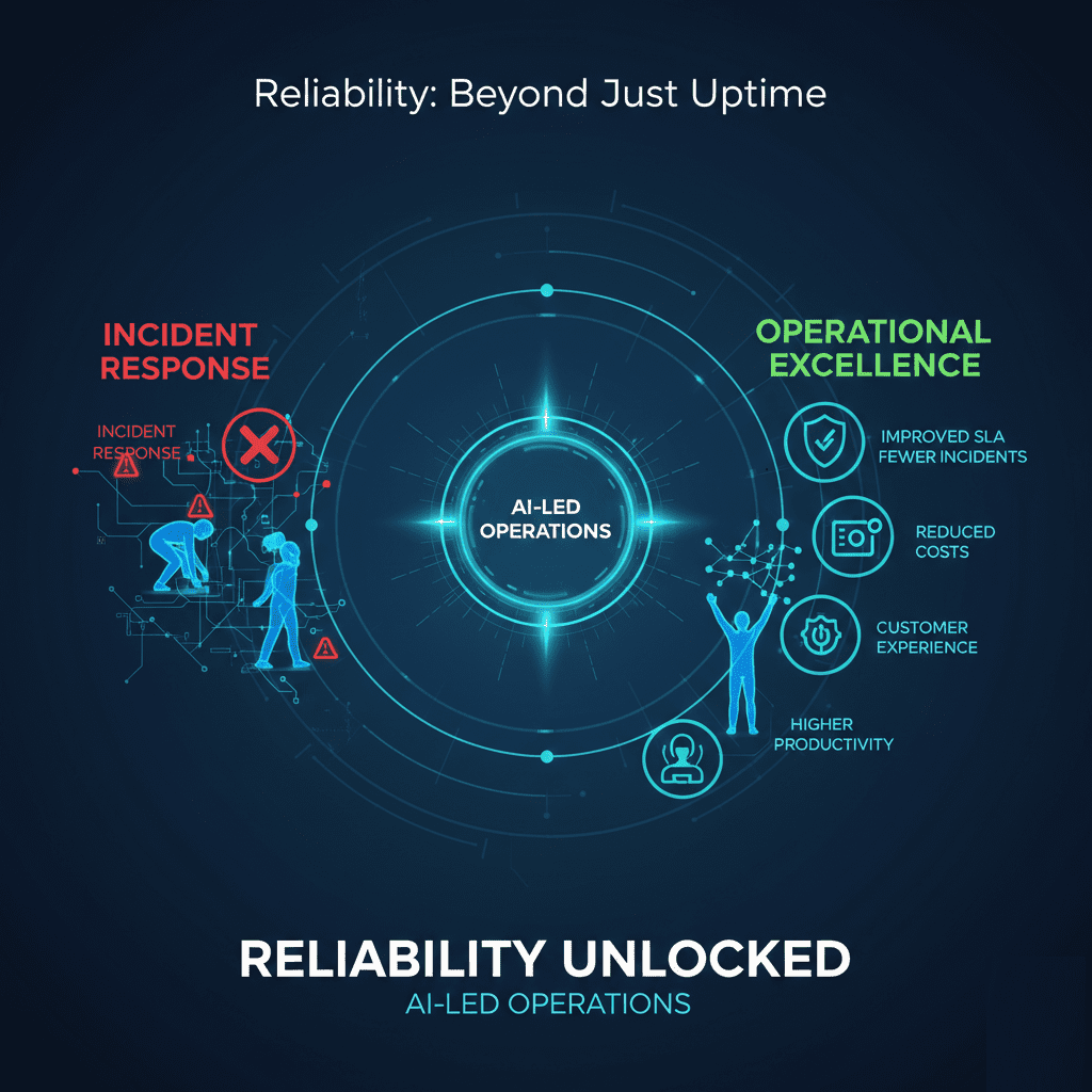 AI-led operations enabling reliability beyond uptime by reducing incident response time and driving operational excellence, improved SLA, and higher productivity.