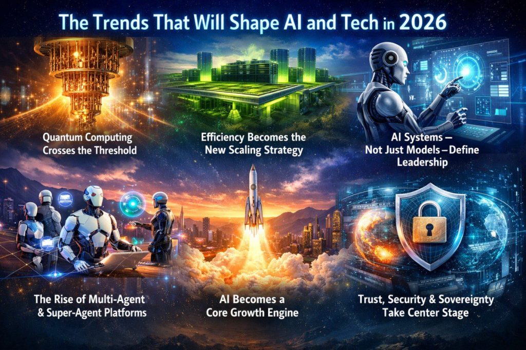 AI technology trends 2026 including quantum computing, enterprise AI systems, multi-agent platforms, security, and growth