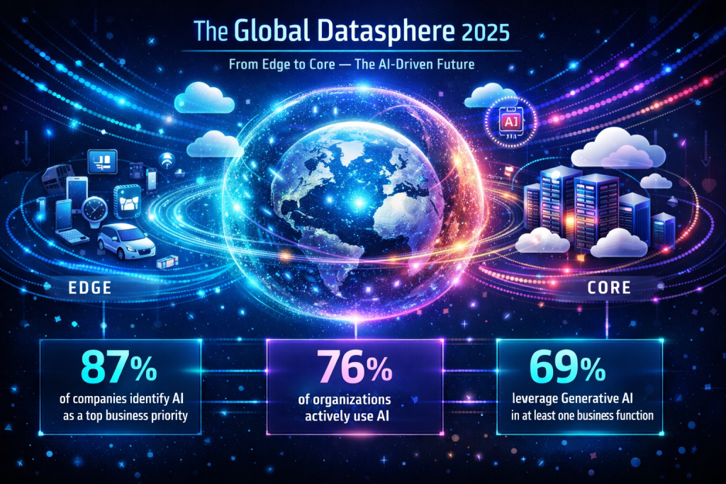 AIOps for IT operations illustrating the global datasphere from edge to core, showing AI-driven data flow, cloud infrastructure, and intelligent observability across hybrid and multi-cloud environments.