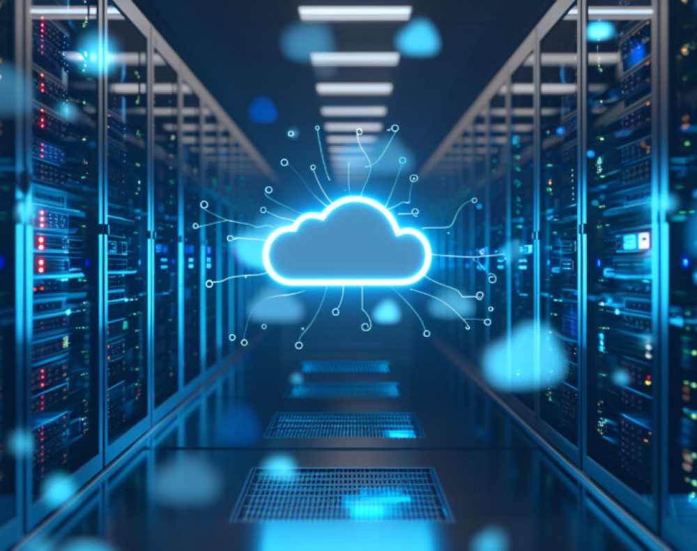 Server room with cloud on ceiling modern technology data center concept