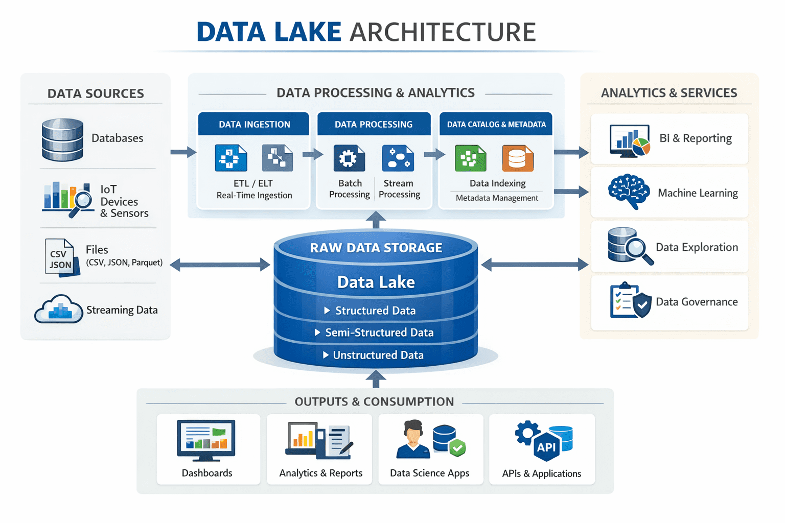 Data lake vs data warehouse architecture diagram showing ETL pipelines, structured data storage, BI reporting, analytics, and dashboards