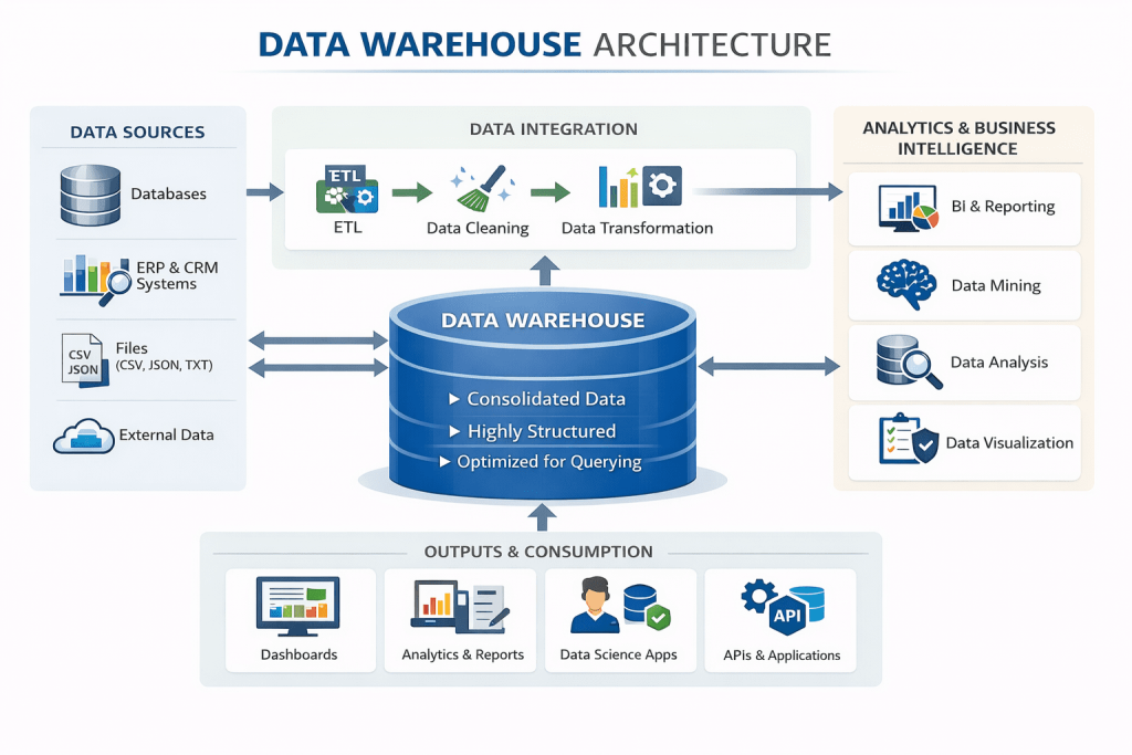 Data lake vs data warehouse architecture comparison highlighting raw data ingestion, ETL and ELT processing, metadata, and analytics services