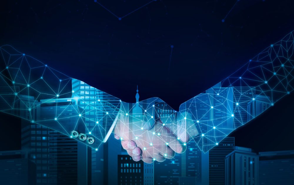 Handshake Close up with Technology Buildings and Abstract Background. Modern People making business deal concept backdrop