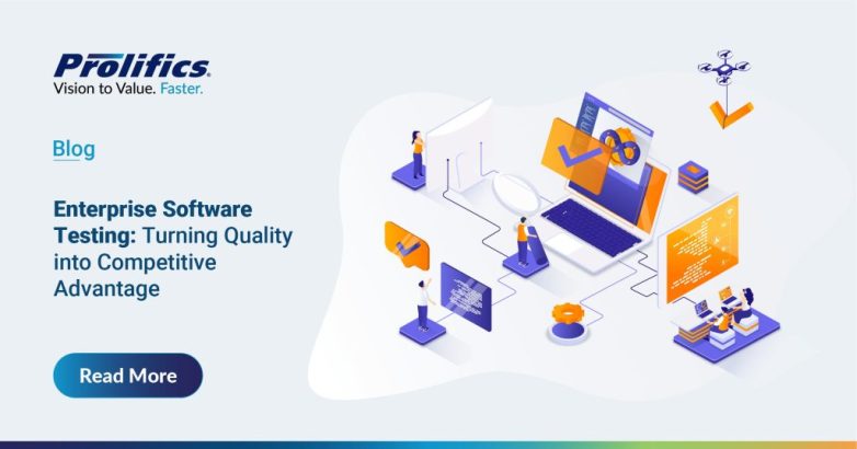 Enterprise Quality Engineering Services featuring an isometric illustration of interconnected digital software testing environments.