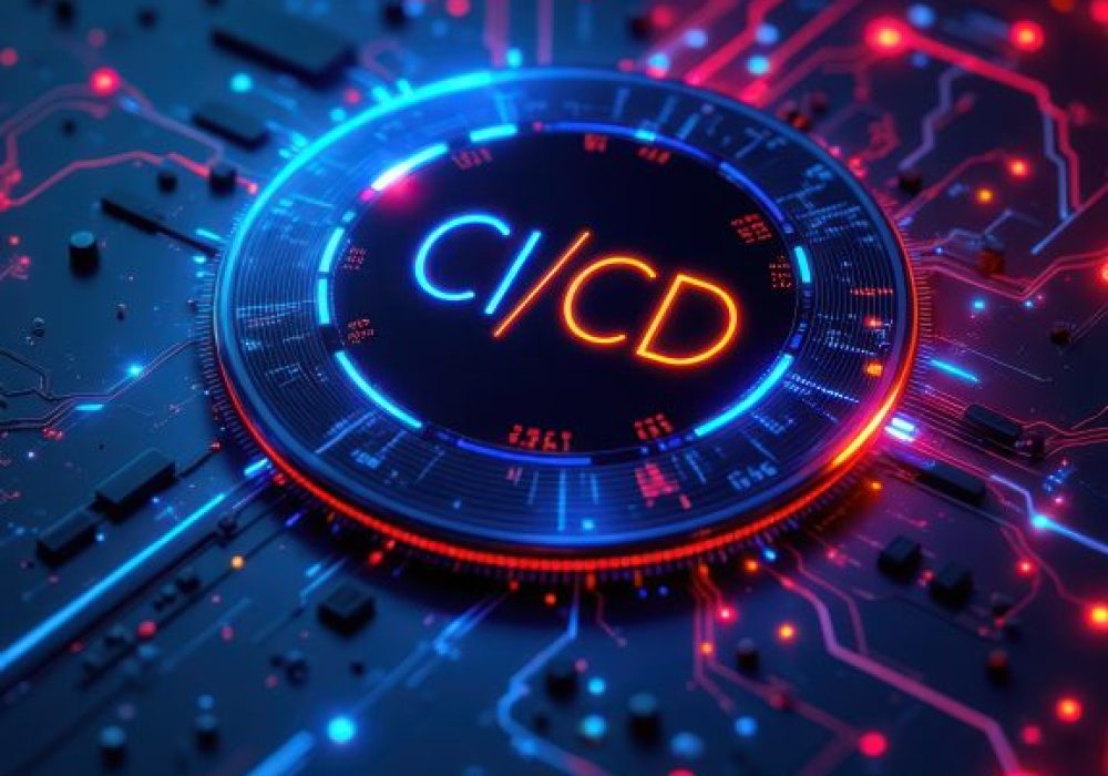 Cybernetic CI/CD system with glowing blue and red elements on a dark background.