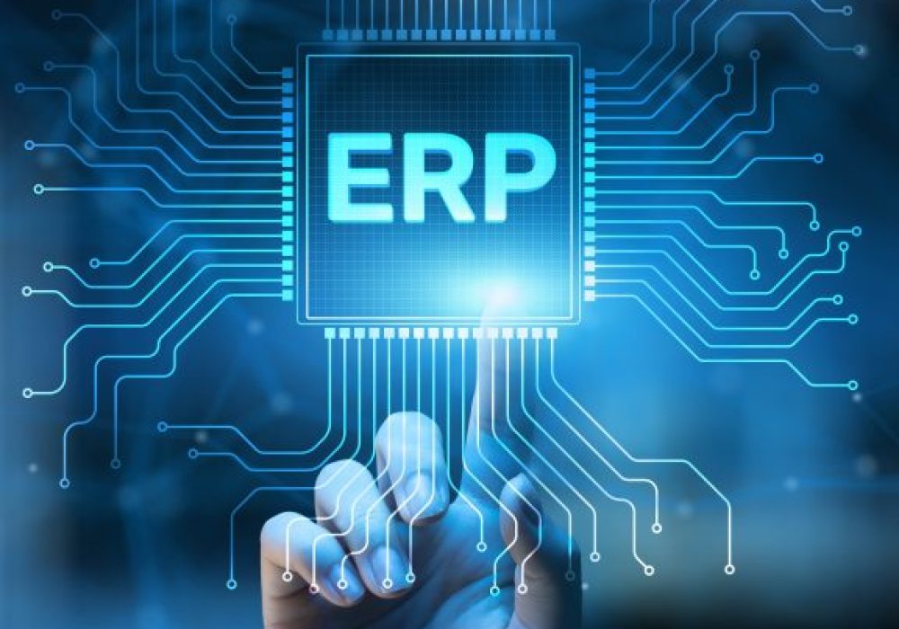 ERP Enterprise Resource Planning Integrating Business Operations and Systems Technology Concept Illustrated on Processor.