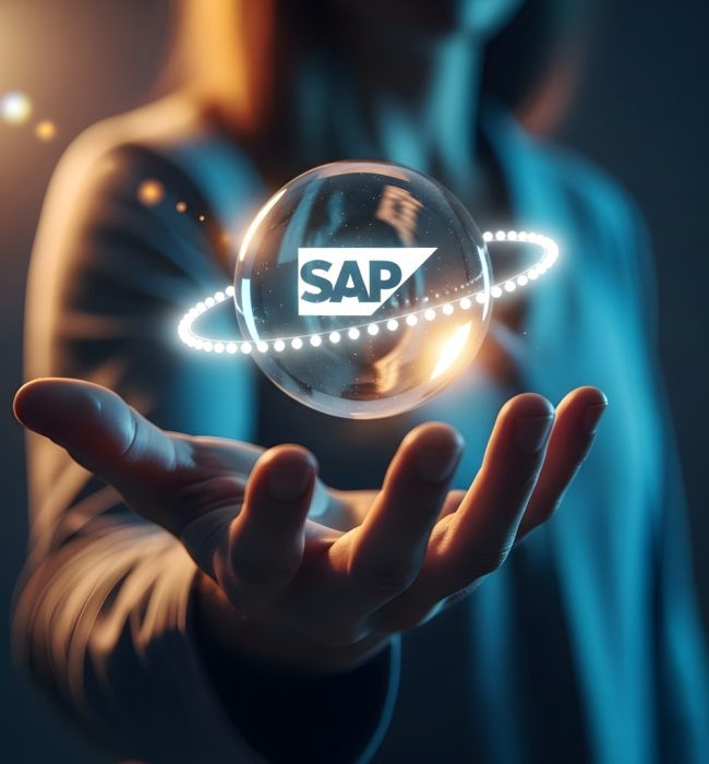Person holding a glowing globe with the sap logo and orbiting rings in a dark futuristic setting