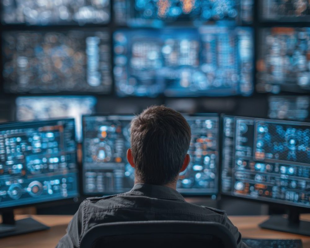 Cyber Surveillance: A man intensely monitors digital screens, symbolizing the vigilance and technological prowess crucial in safeguarding information.
