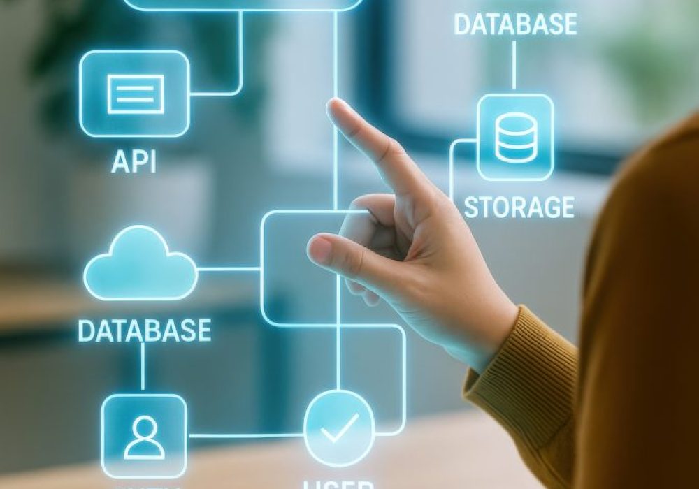 Microservices architecture and api integration for databases tech hub digital interaction modern office user-centric design