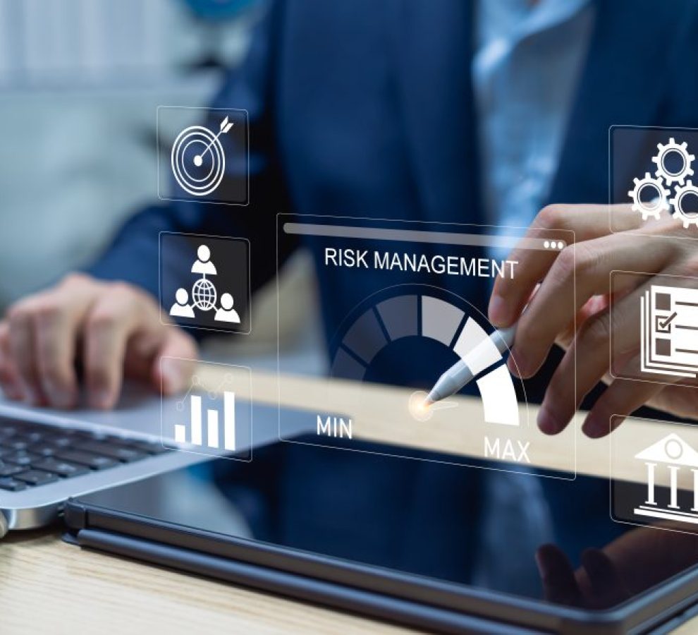 Businessman managing and assessing risks for business investment, focusing on risk control, forecasting, estimation, and financial strategy for effective management.