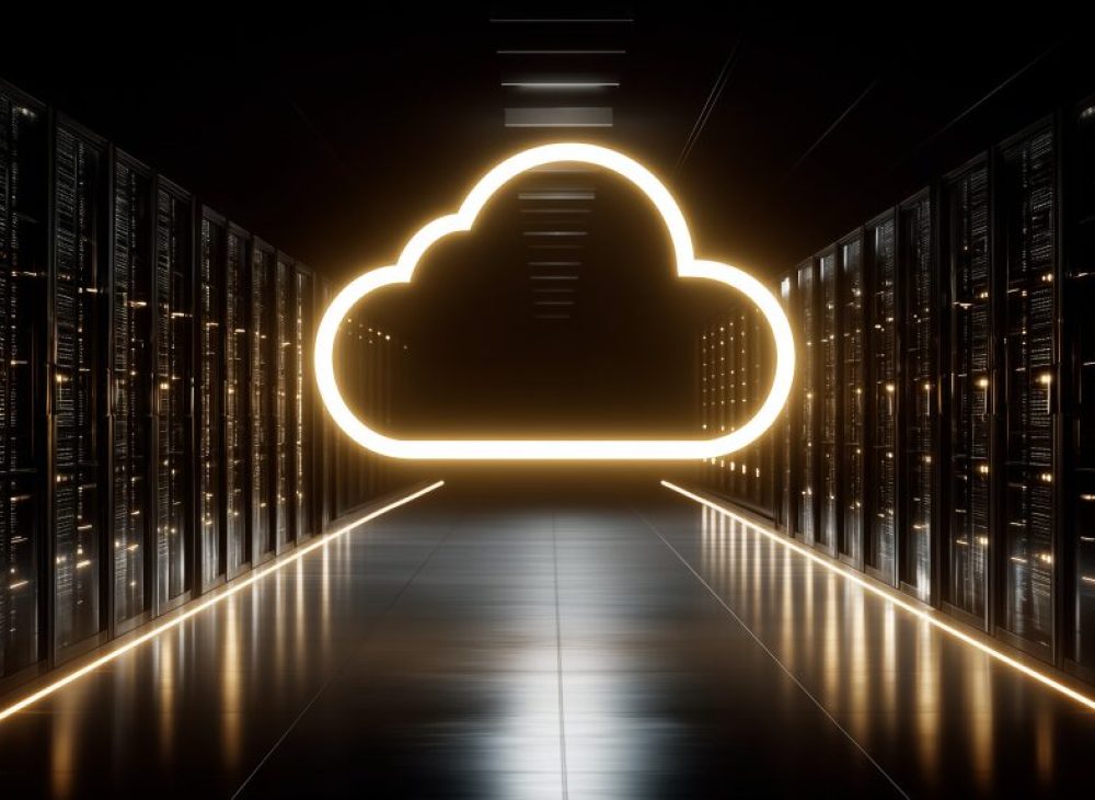 Cloud Data Center: A striking visual of a data center corridor with a glowing cloud symbol at the end. It symbolizes the essence of cloud computing in a futuristic server room.
