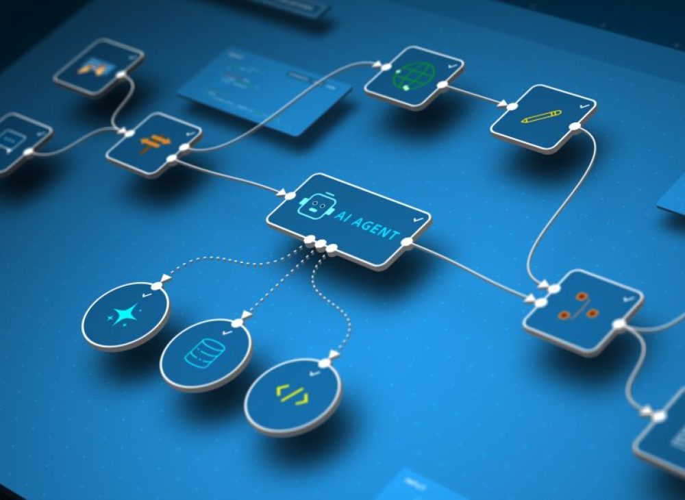 Closeup of AI automation workflow with intelligent agent connecting data, code, and tools for seamless process management